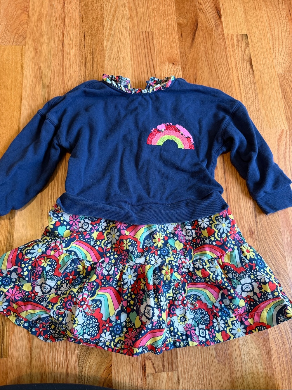Mini Boden Navy Top with Multicolor Rainbow Floral Skirt